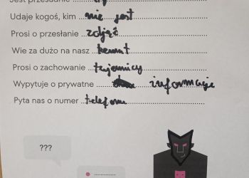 Powiększ zdjęcie: prace uczniów na temat bezpiecznych kontaktów w świecie cyfrowym