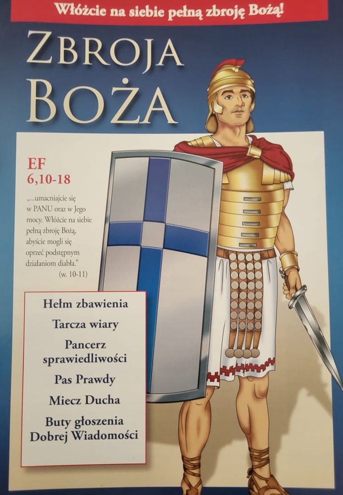 Plakat rekolekcyjny 'Zbroja Boża'. Na plakacie rycerz w zbroi