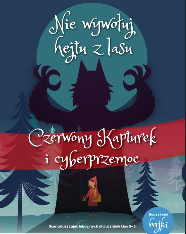 Plakat przedstawiający wilka w lesie i Czerwonego Kapturka